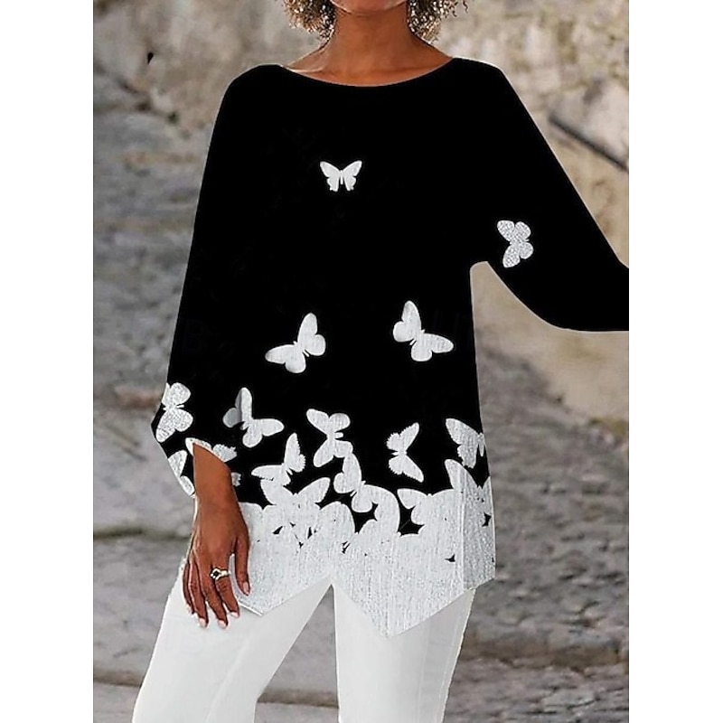 Women's Blouse Butterfly Print Daily Stylish Long Sleeve Crew Neck Regular Tops Daily Holiday Print Asymmetric Hem Silver Black and gray Black Summer Spring