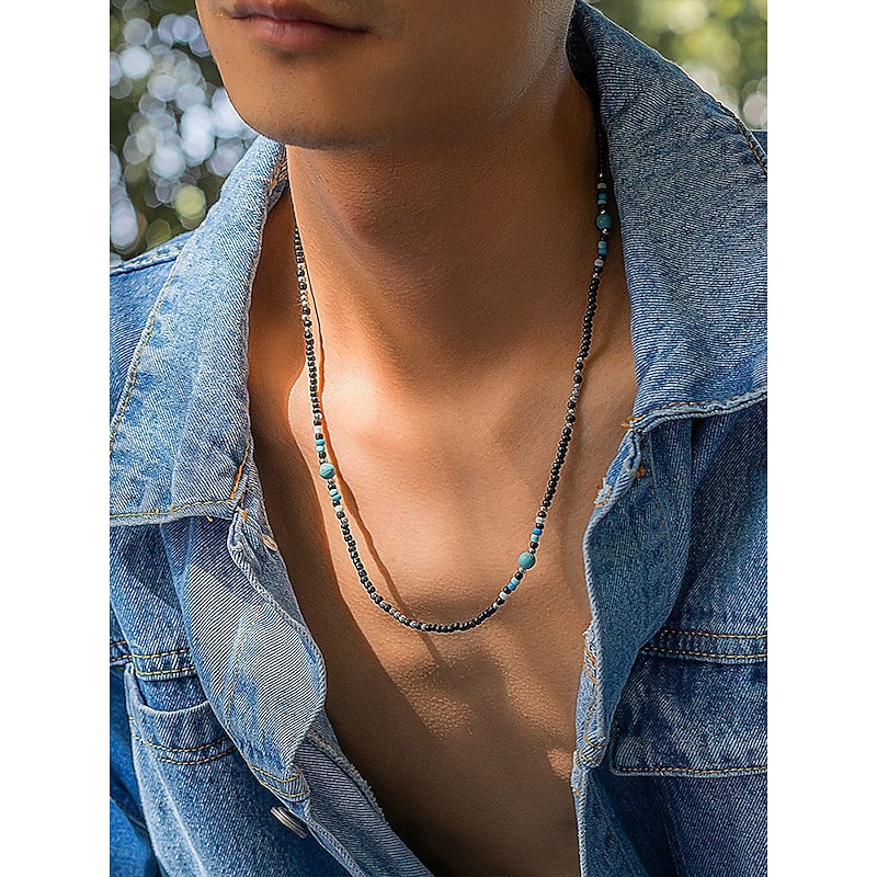 Men's Black and Turquoise Beaded Necklace – Handmade Boho Surfer Style Jewelry for Summer Beach Outfits, Festivals and Casual Wear2