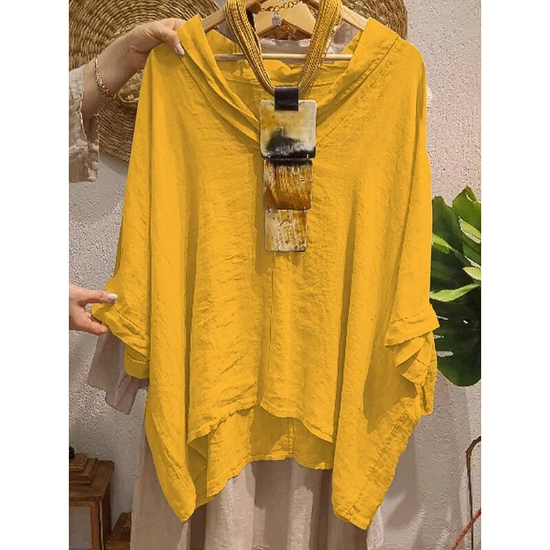 Women's Cotton Linen Shirts Solid Color Basic Casual 3/4 Length Sleeve V Neck Long Tops Daily Black White Yellow Army Green Navy Blue Summer Spring4