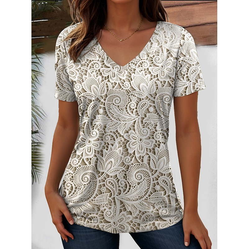 Women's T Shirt Floral Graphic Plants Vintage Fashion Hawaiian Short Sleeve V Neck Regular Tops Daily Going out Weekend Print Pink Blue Purple Green off-white Summer Spring