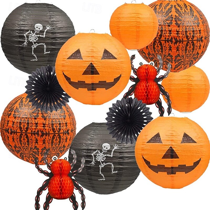 12Pcs Halloween Hanging Decorations Paper LanternsSpider Skeleton Pumpkin for Indoor & Outdoor Spooky Home Decor Party Supplies Props2