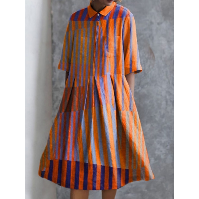 Women's Midi Dress A Line Dress Summer Dress Casual Daily Regular Fit Geometric Striped Half Sleeve Lapel Red Blue Sky Blue Apricot Summer