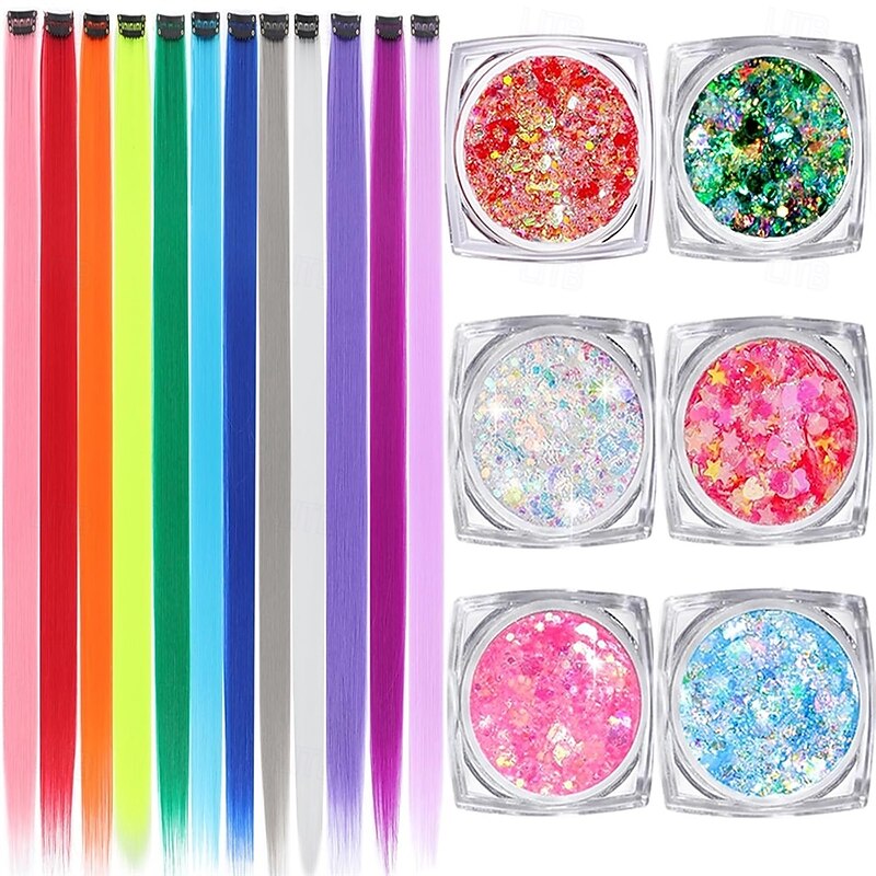 Colored Hair Extensions 22 Inch Straight Clip in Hair Extension Body Face Hair Glitter Multi Color Rainbow Pink Red Hairpiece Extensions for Kids Girls Women