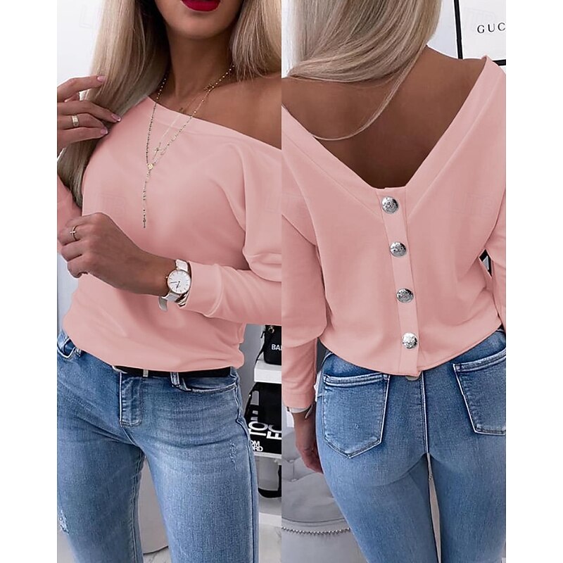 Women's Blouse Solid Color Stylish Casual Long Sleeve Crew Neck Regular Tops Daily Buttons Black White Pink Spring Fall4