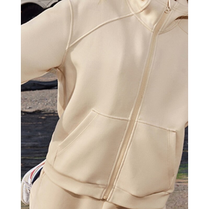 Women's Tracksuit Sweatpants Hooded Jacket Zipper Pocket Solid Colored Clothing Suit Fall Dark Grey Apricot Workout Athleisure Running Thermal Warm Windproof Long Sleeve Sport Activewear Stretchy3