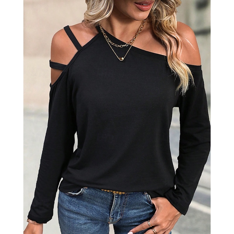 Women's Blouse Solid Color Modern Long Sleeve Cold Shoulder Regular Tops Daily Holiday Cut Out Black Summer