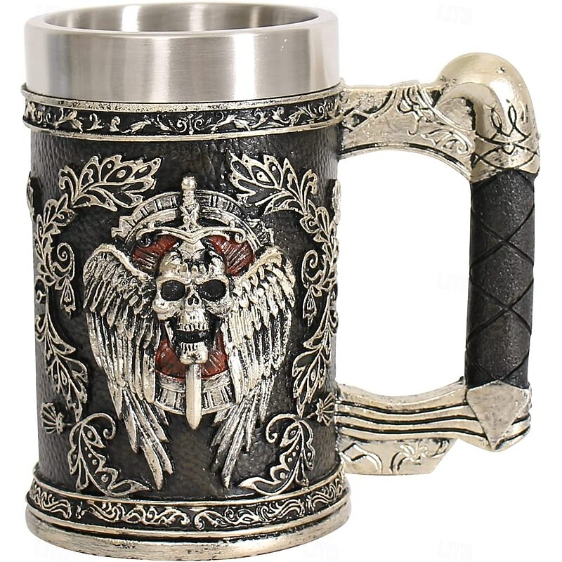 Halloween Skull Mug Grim Reaper Beer Stein, Skull Water Cup Unique Stainless Steel Large Capacity Mug, Angel & Demon Design for Halloween Party Decor4