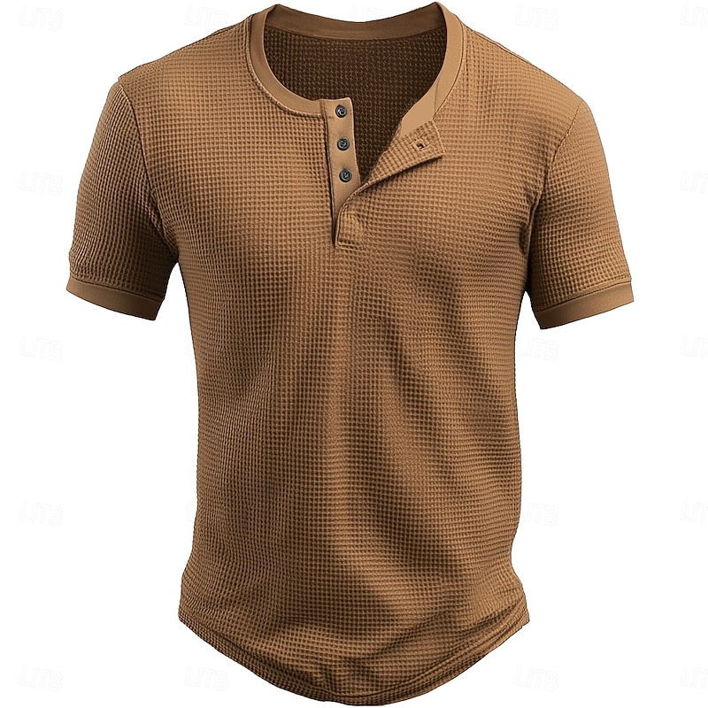 Men's Waffle Henley Shirt Tee Short Sleeve Solid Color Plain Textured Fashion Designer Casual Color Block Buttons Henley Outdoor Casual Daily Summer All Seasons Black Navy Blue Brown Henley T-Shirt