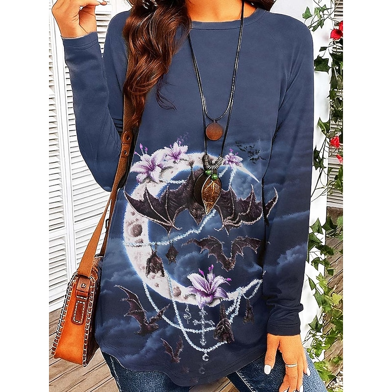 Sarah Richter by Halloween Women's T shirt Bat Tribal Vintage Stylish Trendy Long Sleeve Crew Neck Round Neck Long Tops Daily Going out Print Red Blue Green Fall Winter
