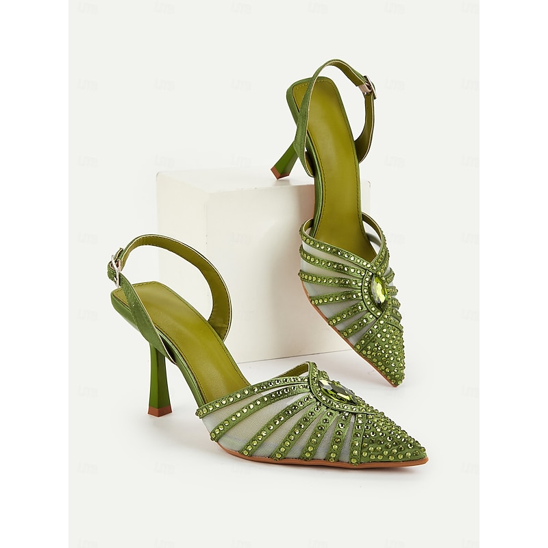 Women's 1920s Gatsby-Inspired Green Rhinestone High Heels – Art Deco Mesh Slingback Party Shoes for Cocktail or Retro Events