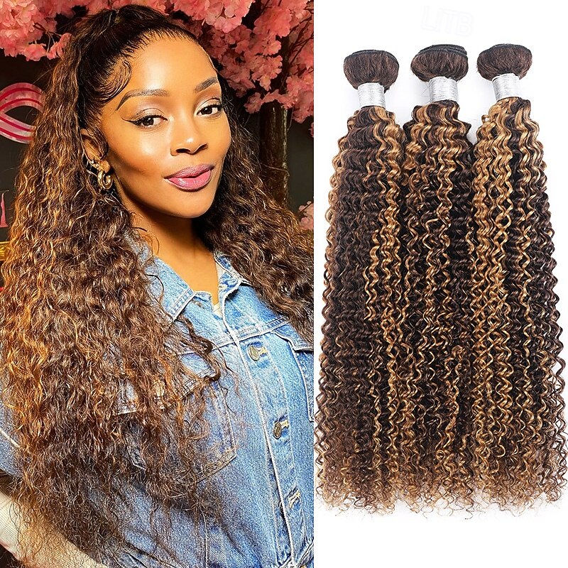 3 Bundles Hair Weaves Piano color P4/27 Curly Wave Human Hair Extensions Human Hair Bundle Hair 10-28 inch For Black Women