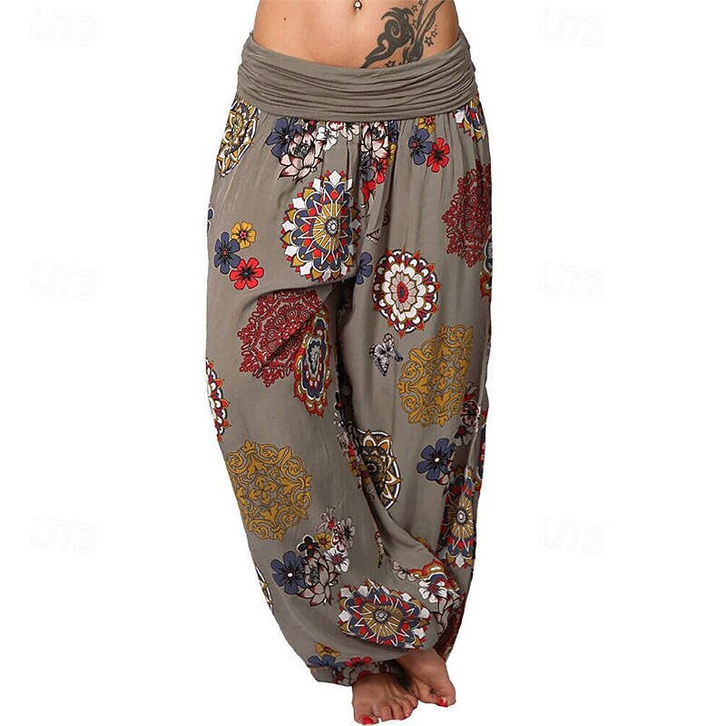 Women's Pants Trousers Harem Pants Palazzo Pants Fashion Boho Full Length Mid Waist Print Elastic Waist Comfy Comfortable Micro-elastic Street Daily Wear Going out Black White Yellow Pink Summer2