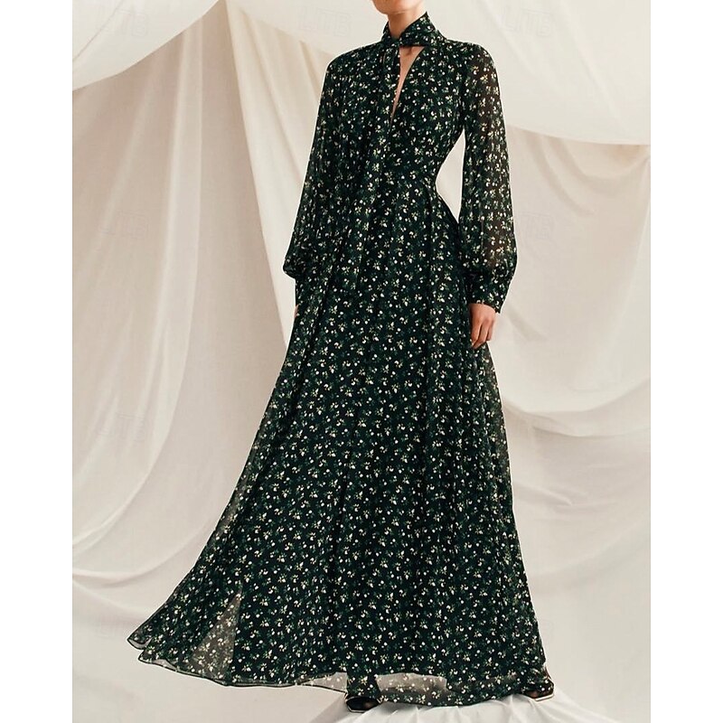 Black Floral Print A-Line Mother of the Bride Dress Elegant Simple Minimalist V Neck with Scarf Floor Length Chiffon Long Sleeve with Pleats