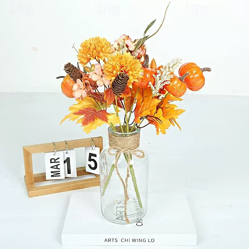 1 Bundle Fall Pumpkin and Maple Leaf Pick, Artificial Harvest Season Home Decor, Thanksgiving Autumn Leaf Arrangement3