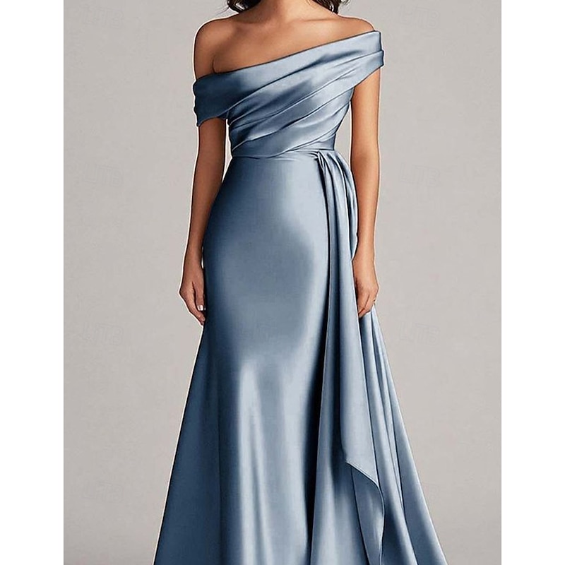 A-line Evening Gown Stretch Satin Elegant Dress Semi Formal Wedding Sweep / Brush Train Sleeveless Off Shoulder Satin with Pleats3