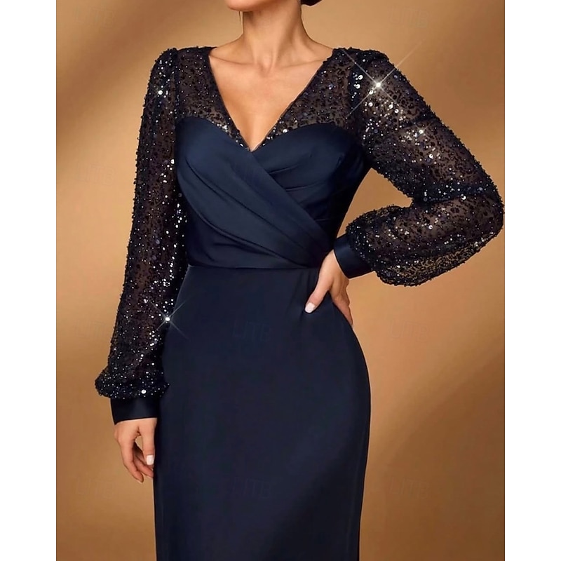 A-Line Mother of the Bride Dress Elegant Simple Minimalist V Neck Floor Length Satin Sequined Long Sleeve with Pleats2