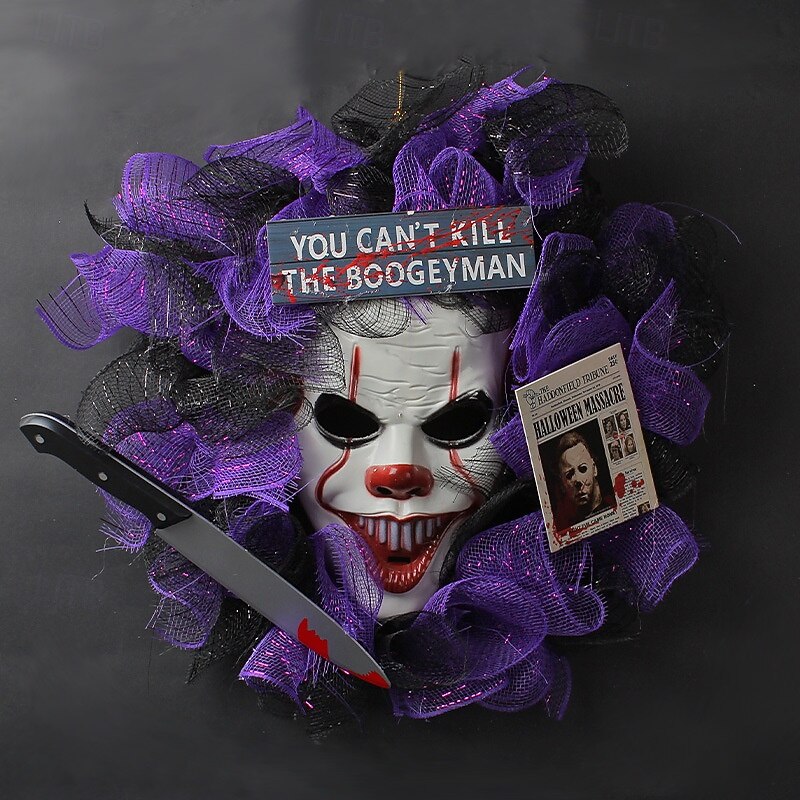 Halloween Wreaths for Front Door Indoor Outdoor Decoration, Clown Mask Wreath Hanging Ornament for Spooky Party and Haunted House Decor