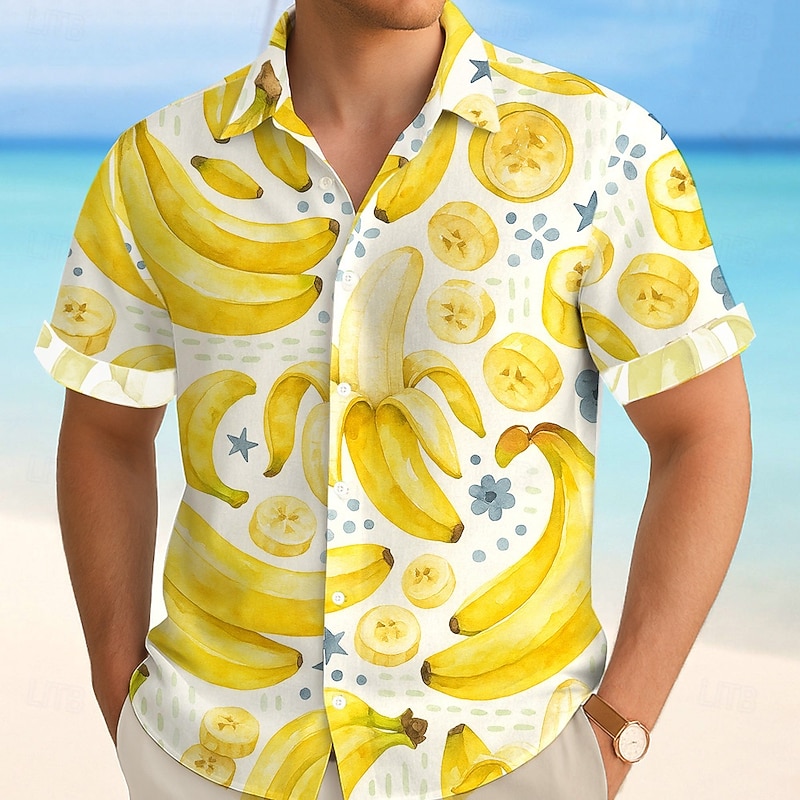 Men's Fruit Tropical Banana Summer Hawaiian Shirt Button Up Shirt Aloha Shirt Short Sleeve Hawaiian Vacation Beach Wear Summer Spring Turndown 3D Print Collared Shirts Yellow Green3