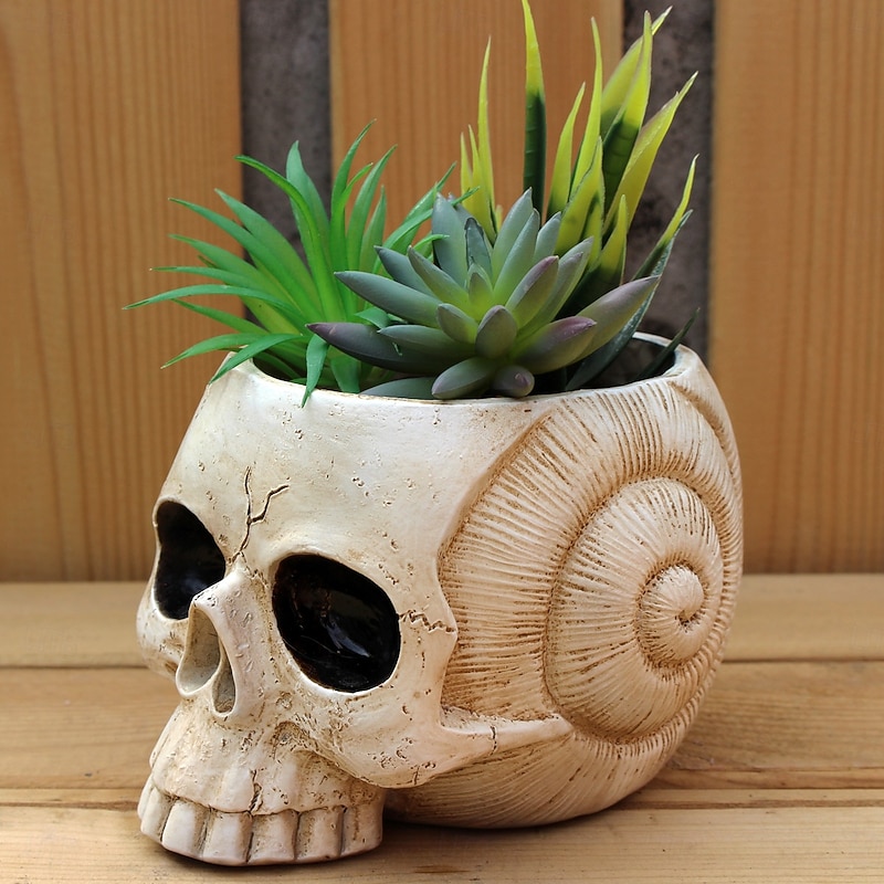 Halloween Resin Skull Planter Pot, Spooky Skeleton Head Candy Bowl for Haunted House Decor and Tabletop Display