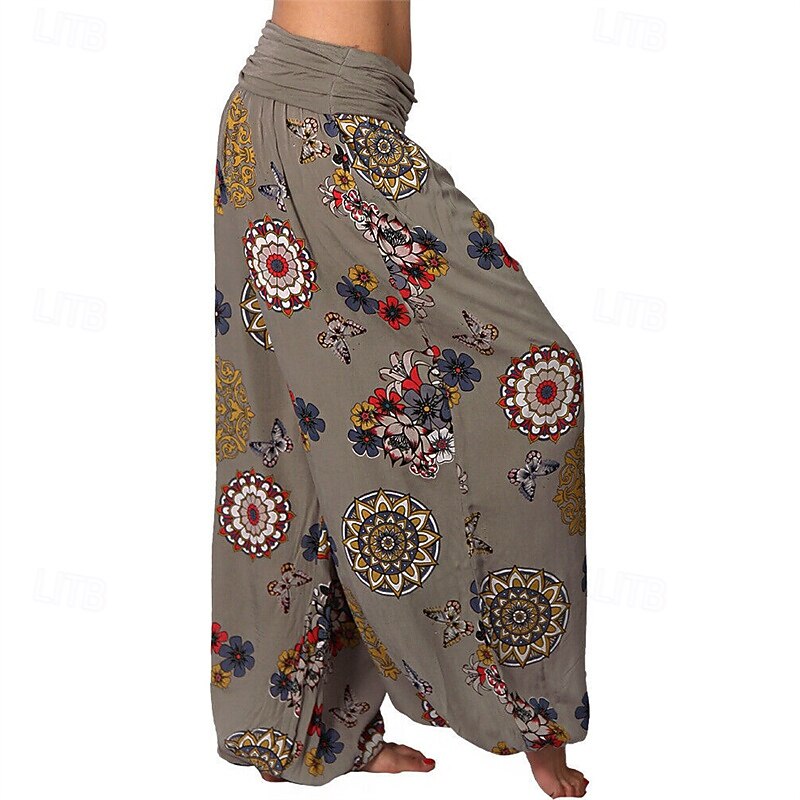Women's Pants Trousers Harem Pants Palazzo Pants Fashion Boho Full Length Mid Waist Print Elastic Waist Comfy Comfortable Micro-elastic Street Daily Wear Going out Black White Yellow Pink Summer3