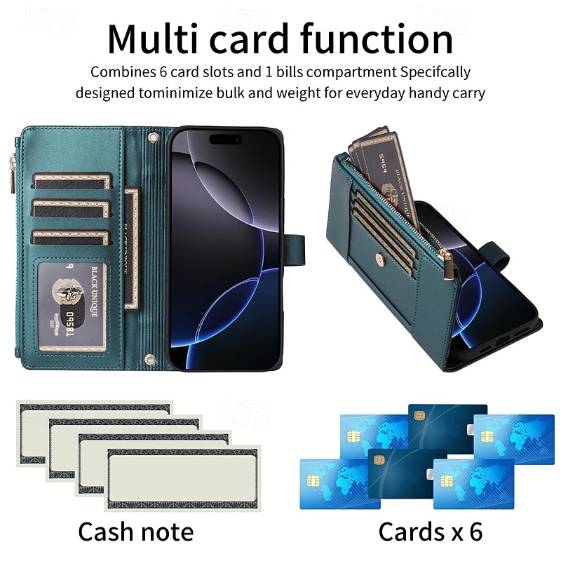 Phone Case For iPhone 16 15 14 Pro Max Plus 16e 13 Pro Max Wallet Case with Stand Holder Zipper Full Body Protective Retro TPU PU Leather4