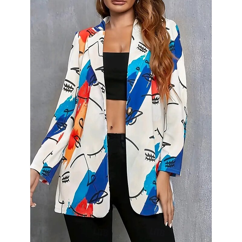 Women's Blazer Comfortable Breathable Print Casual Geometric Office Street Casual Daily Wear Single Breasted Long Turndown Regular Fit Long Sleeve Outerwear Black White Yellow Summer Fall
