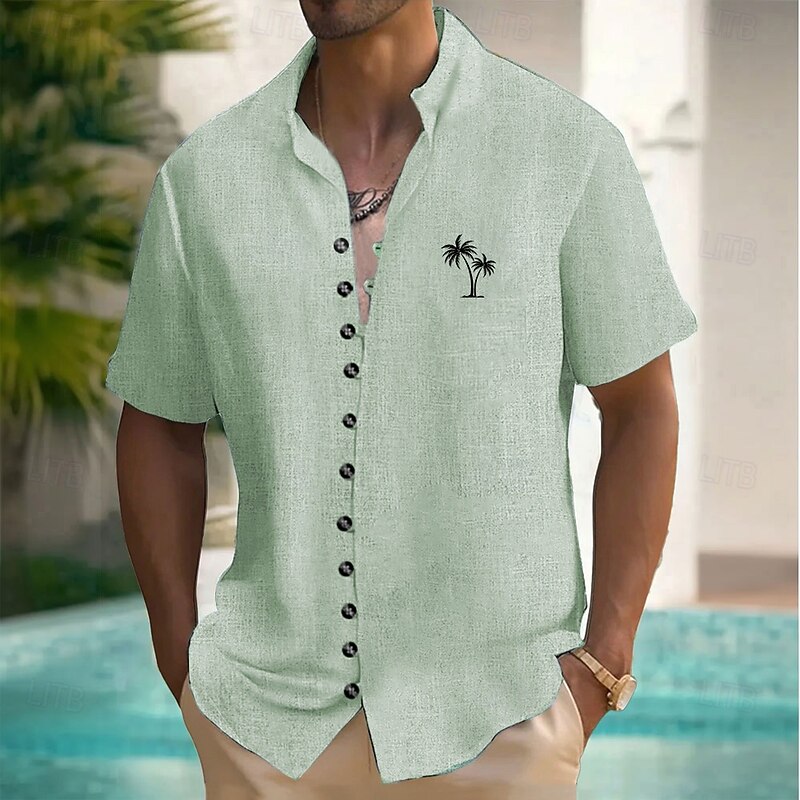 Men's Coconut Tree Tropical Plants Shirt Summer Hawaiian Shirt Stand Collar Shirt Short Sleeves Hawaiian Vacation Beach Wear Summer Spring Grandad Collar Mandarin Collar Button Up 3D Print Linen Like