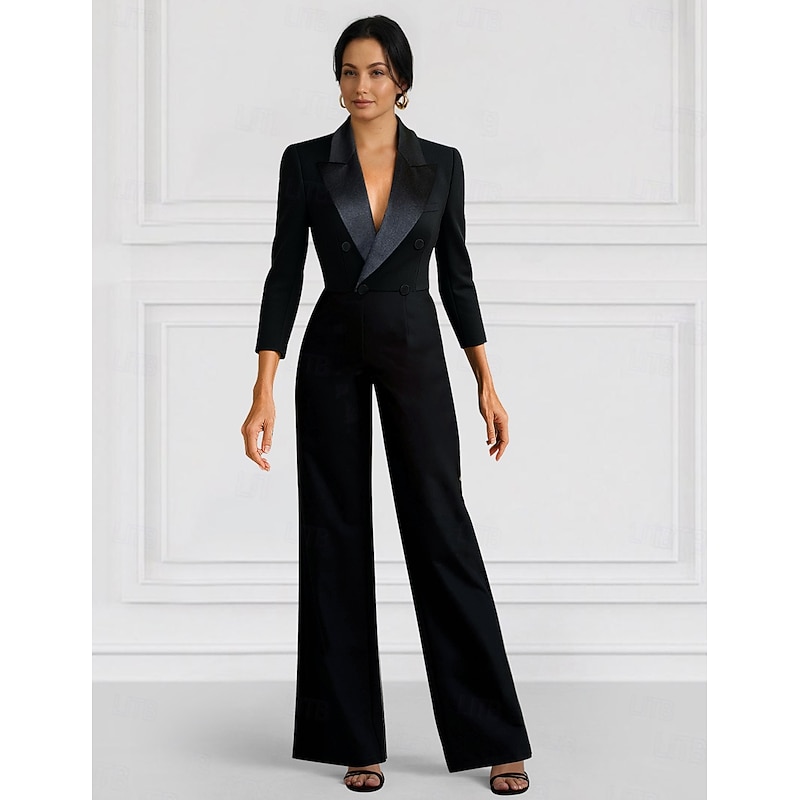 Women's Suits Jumpsuits Formal Wedding Guest Stretch Crepe Elegant Minimalist 3/4 Sleeve Pleated Floor Length Peak Lapel Double Breasted