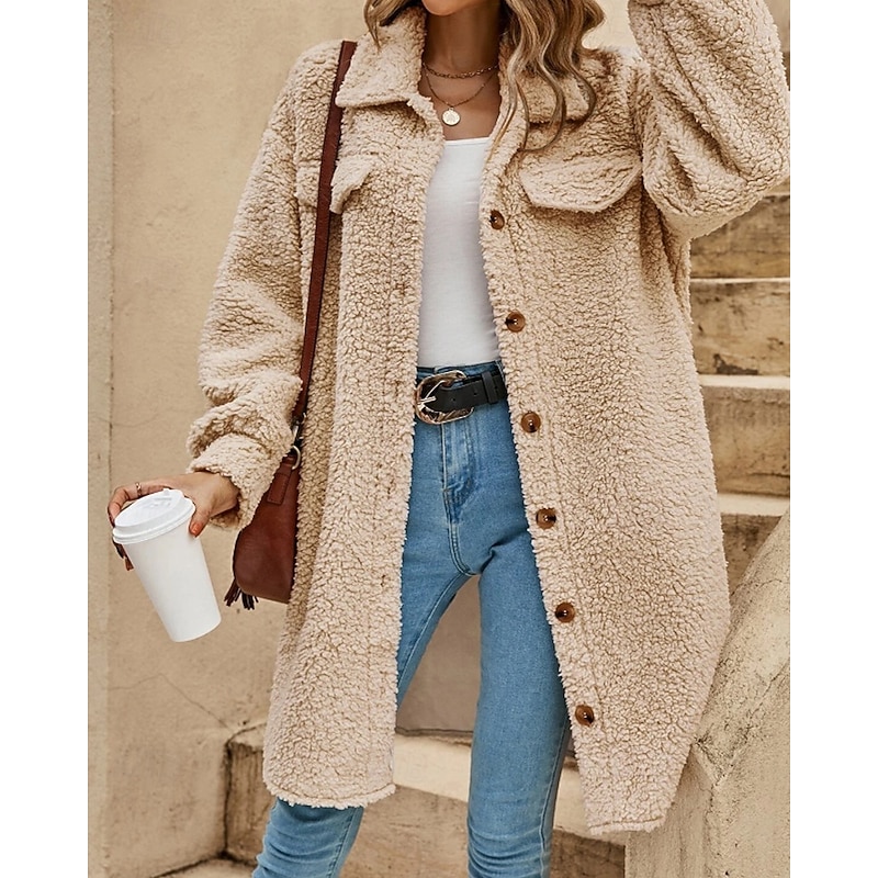 Women's Coat Warm Comfortable Pocket Buttons Outdoor Casual Plain Outdoor Street Daily Holiday Single Breasted Long Turndown Regular Fit Long Sleeve Outerwear White Khaki Apricot Fall Winter
