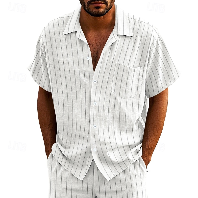Men's Shirt Linen Shirt Casual Shirt Button Up Shirt Cotton Shirt Stripes Vacation Street Black White Navy Blue Khaki Short Sleeve Turndown Summer Clothing Apparel Button-Down
