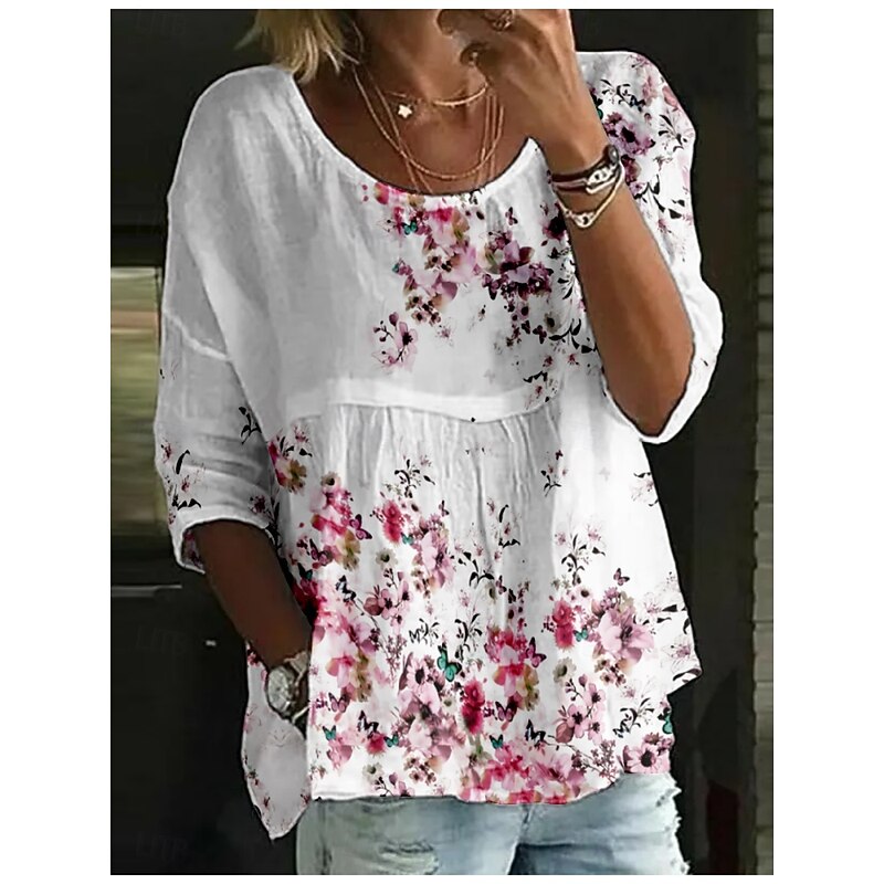 Women's Blouse Floral Stylish 3/4 Length Sleeve Crew Neck Regular Tops Daily Holiday Print White Pink Red Blue Purple Summer