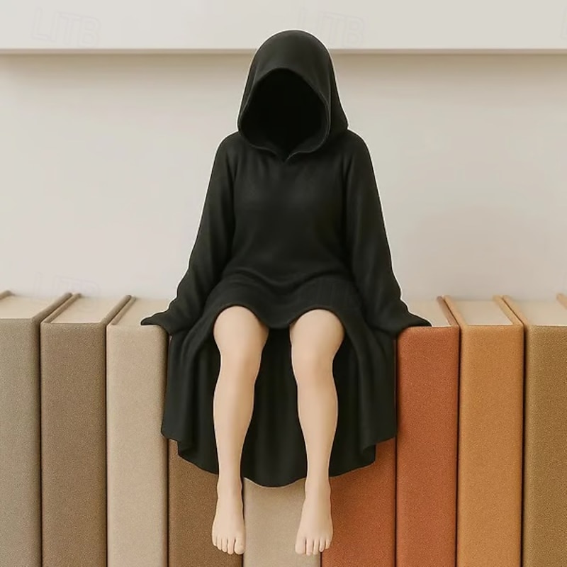Mysterious Statue Hooded Gothic Shelf Decor,Resin Creepy Cute Woman Figurine Bookend, Dark Aesthetic Sculpture for Home, Office, Bookshelf, Halloween or Year-Round Display3
