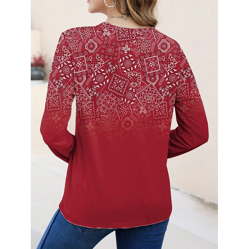 Women's T shirt Crew Neck Long Sleeve Tunic Floral Graphic Plants Vintage Stylish Classic  Regular Tops Daily Weekend Print Red Royal Blue Blue Dusty Blue Orange Fall4