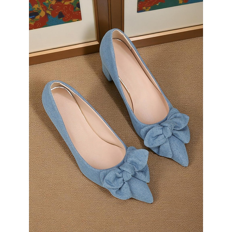 Women's Light Blue Bow Block Heel Pumps – 1950s Vintage Pointed Toe Denim Fabric Heels for Office, Weddings, and Daily Wear2