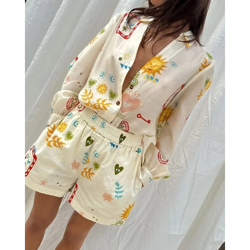Women's Active Streetwear Shirt Blouse Shorts Sets Long Sleeve Shirt Collar Floral Print Vacation Casual Daily Beige Fall Regular Fit4