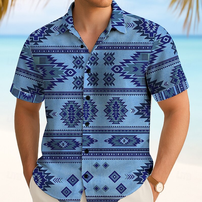 Men's Aztec Ethnic Indian Culture Shirt Summer Shirt Button Up Shirt Short Sleeve Vintage Retro Outdoor Vacation Dailywear Summer Spring Turndown 3D Print Collared Shirts Blue Green Khaki