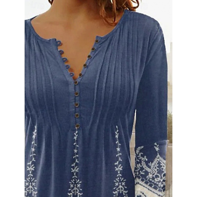 Women's Texture Blouse Blouse Print Daily Stylish 3/4 Length Sleeve Crew Neck Regular Tops Daily Holiday Buttons Print Blue Summer Spring2