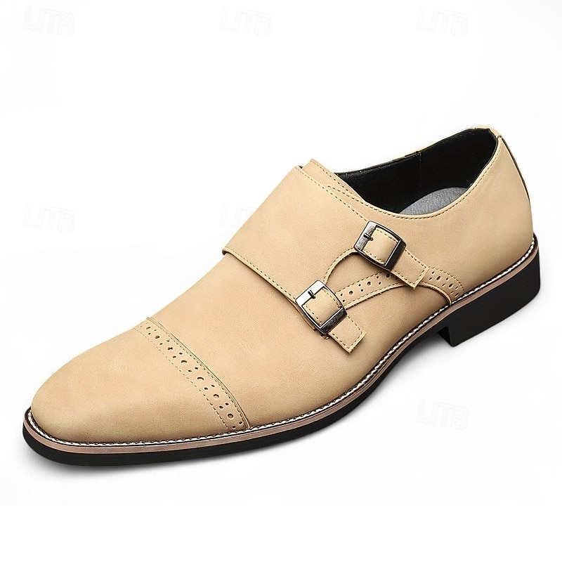 Men's Beige Faux Leather Monk Strap Shoes with Double Buckles – Elegant Formal Footwear for Weddings, Office & Special Occasions4