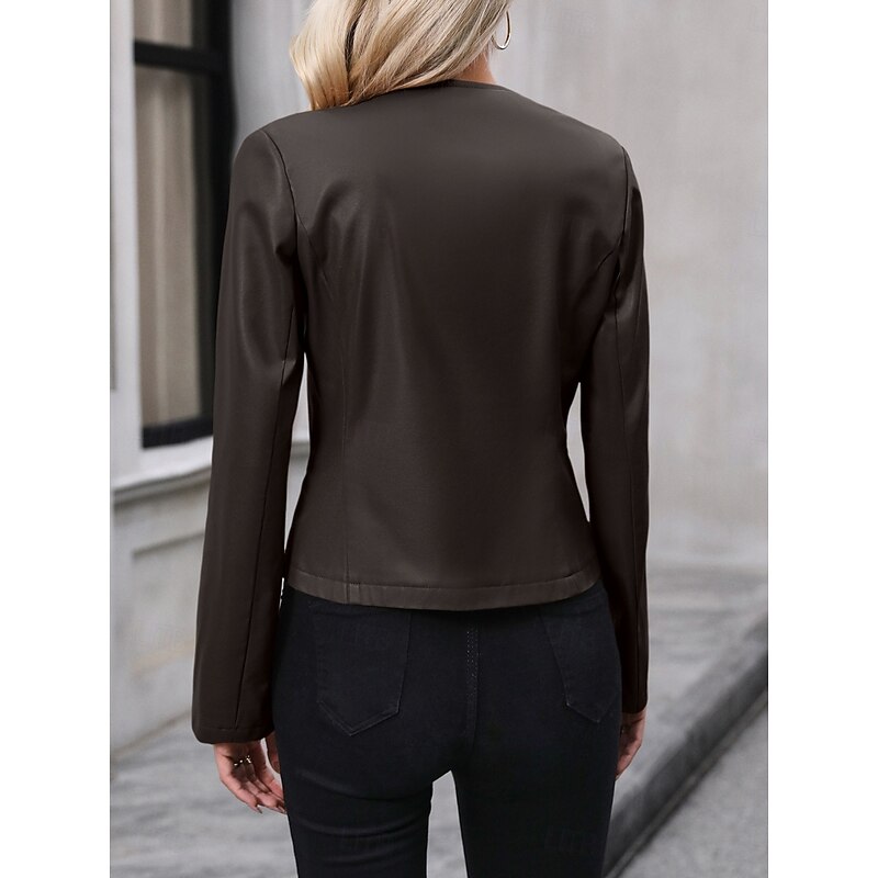 Women's Faux Leather Jacket Casual Jacket Comfortable Breathable Zipper Casual Plain Vacation Street Casual Daily Wear Zipper Short Crewneck Regular Fit Long Sleeve Outerwear Black Brown Apricot2