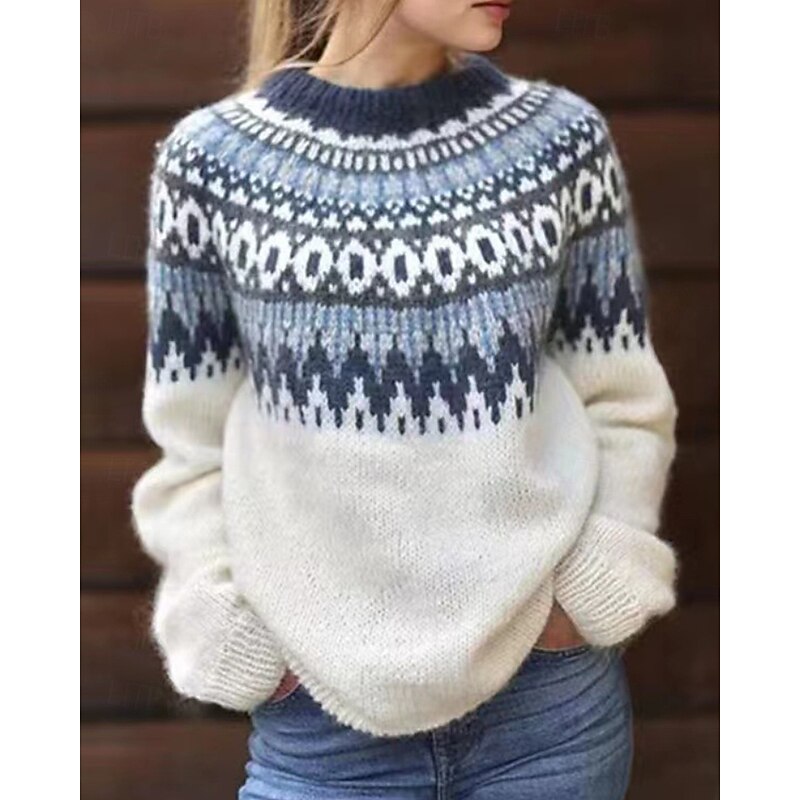 Women's Sweater Fair Isle Sweater Fashion Floral Ribbed Crew Neck Knitted Long Sleeve Regular Tops Knit Going out Weekend White Blue Fall2
