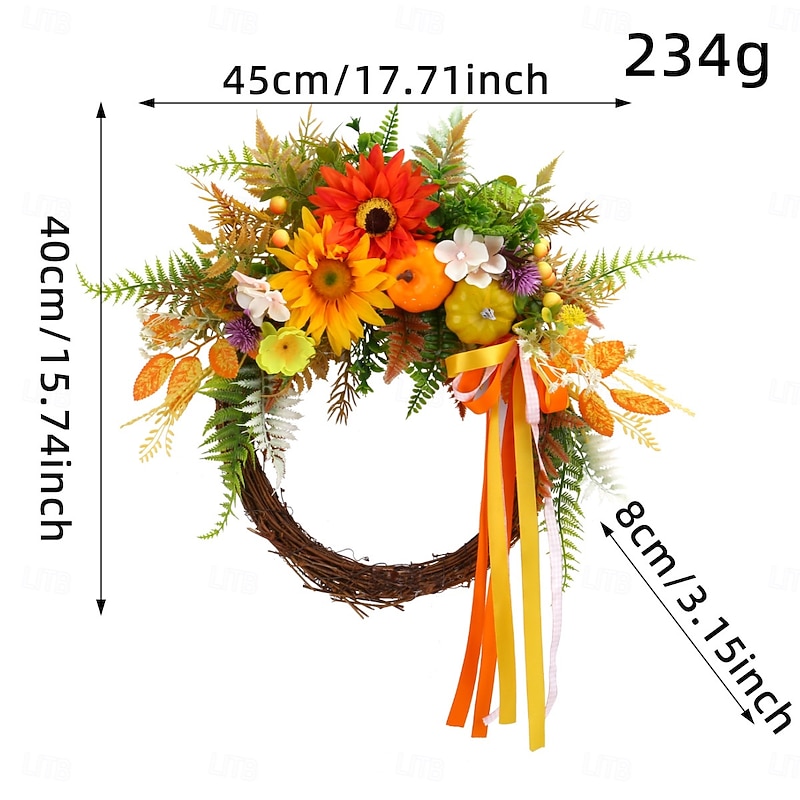 Fall Wreath for Front Door Thanksgiving Autumn Farmhouse Indoor Outdoor Decoration, Artificial Sunflower Pumpkin Twig Vine Wreath with Greenery, Rustic Harvest Wall Hanging Door Decor3