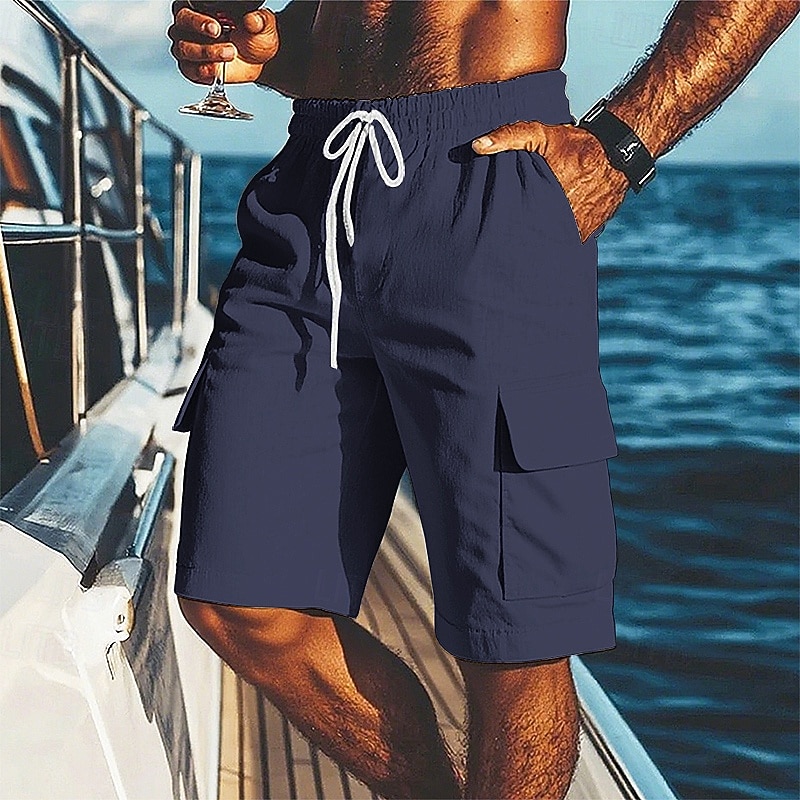Men's Shorts Linen Shorts Summer Shorts Beach Shorts Drawstring Elastic Waist Multiple Pockets Plain Comfort Breathable Short Vacation Holiday Beach Hawaiian Boho Black White3