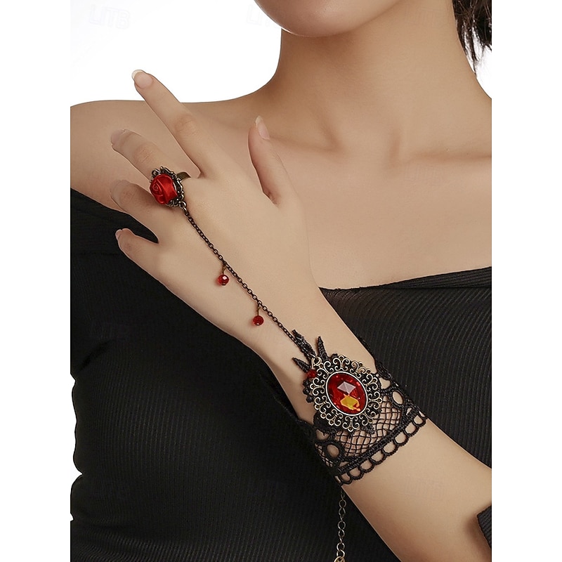 Women's Gothic Rose Bracelet and Ring Set, Red Fabric Flower with Black Lace and Chain, Perfect for Halloween Party, Cosplay, and Vintage Gothic Outfits