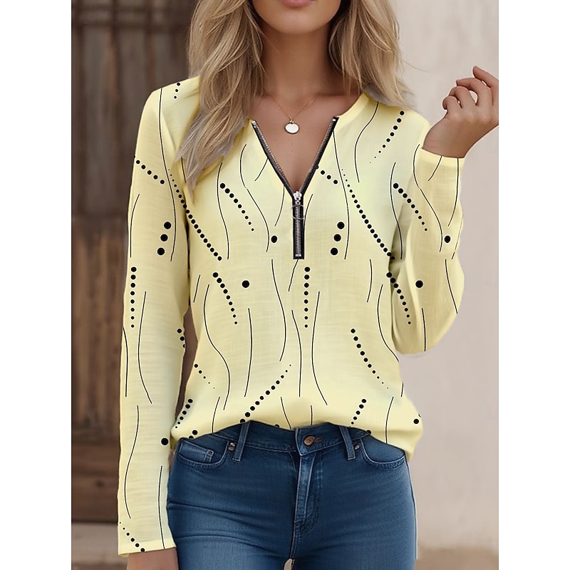 Women's T Shirt Quarter Zip Long Sleeve Casual Graphic Polka Dot Elegant Vintage Stylish V Neck Regular Tops Daily White Yellow Blue Purple Summer Spring4