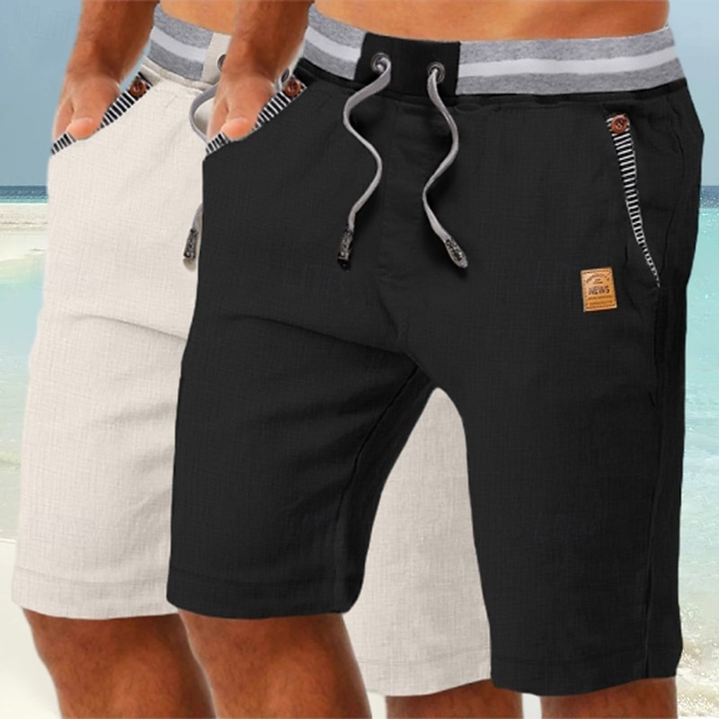 Men's Shorts Linen Shorts Summer Shorts Beach Shorts Drawstring Pocket Elastic Waist Plain Comfort Breathable Knee Length Daily Holiday Beach Vacation Fashion Black+sky blue Khaki+Navy Blue3