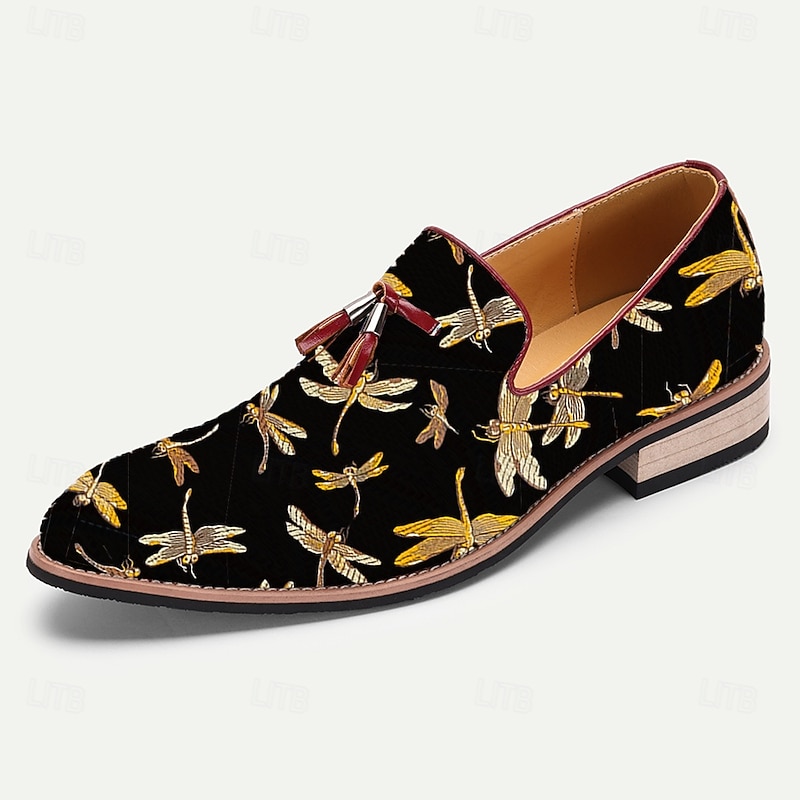 Men's Black Jacquard Loafers with Dragonfly Embroidery Slip-On Design Ideal for Evening Gatherings Weddings and Semi-Formal Occasions4