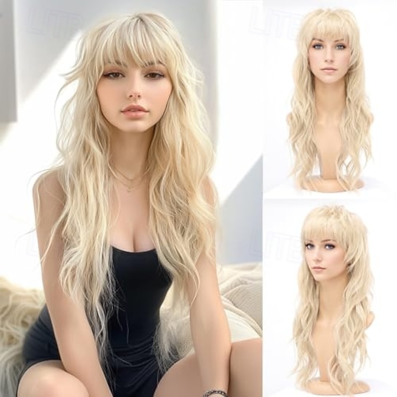 80s 90s Retro Mullet Wigs Pixie Cut Wigs with Bangs for Women Wolf Cut Wig Long Synthetic Wavy Costumes Cosplay Hair Wig for Women at Party Halloween Wigs