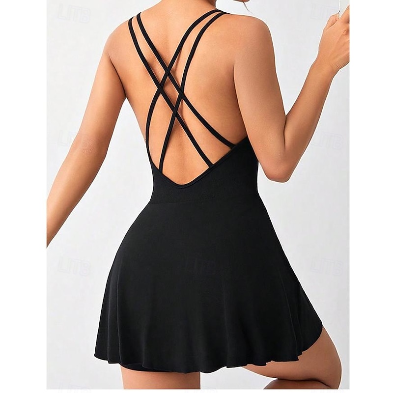 Women's Solid Colored Tennis Dress with Shorts Sports Dress Sleeveless Pleated Breathable Tennis Golf Pickleball Square Neck Dress Crisscross Back Black White Light Blue Tennis Clothing4