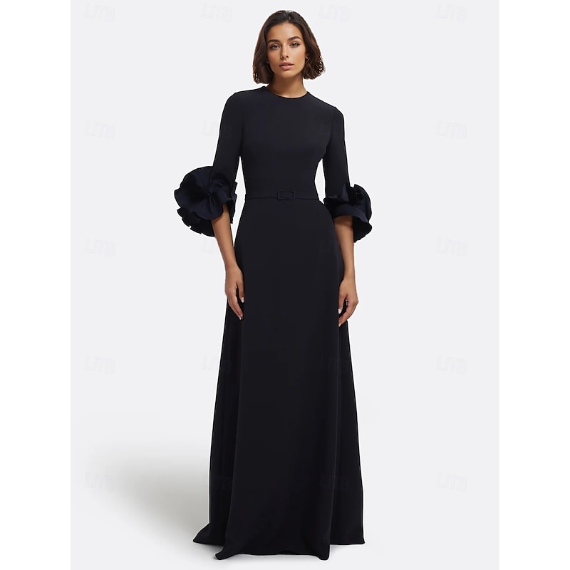 Black A-Line Evening Gown Elegant Dress Formal Wedding Floor Length Long Sleeve Crew Neck Stretch Crepe with Pleats