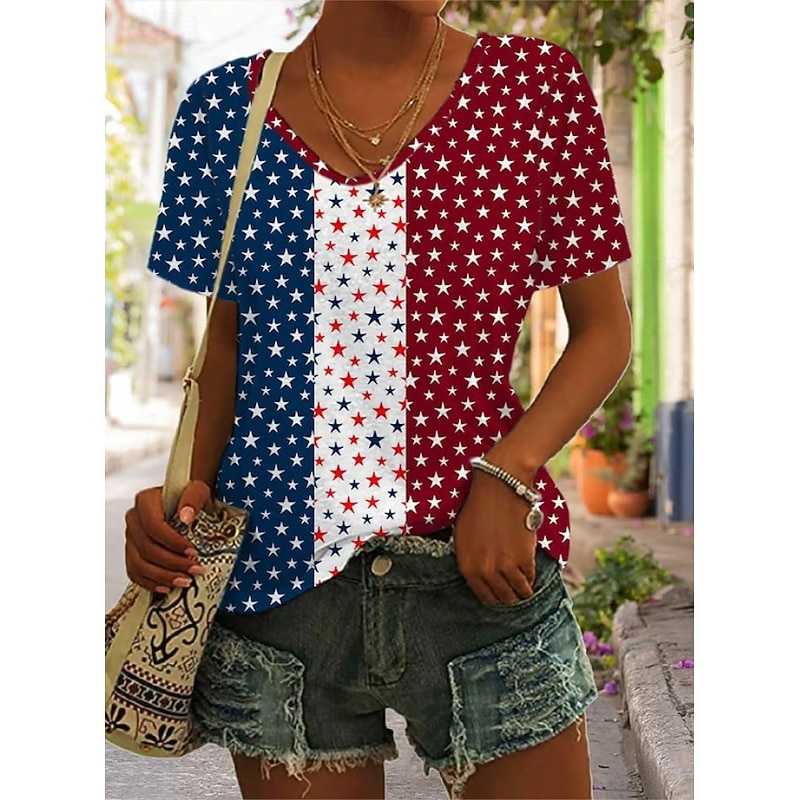 Women's Patriotic  T Shirt Graphic Geometric Star Vintage Stylish Classic Short Sleeve V Neck Regular Tops Daily Weekend Print Black White Yellow Red Blue Summer Spring2